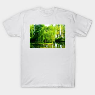 Tiny island with a weeping willow in the centre of a pond full of algae T-Shirt